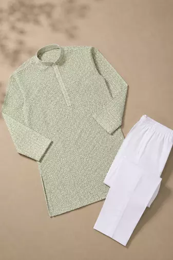 Pista color traditional chikankari embroidery cotton men's kurta payjama set