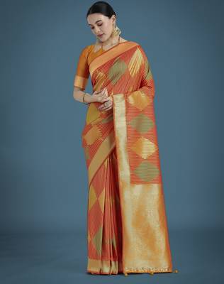 orange silk blend banarasi jacuard work saree with unstitched blouse piece 1