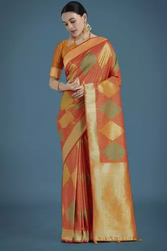 orange silk blend banarasi jacuard work saree with unstitched blouse piece