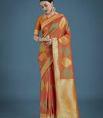 orange silk blend banarasi jacuard work saree with unstitched blouse piece