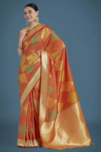 orange silk blend banarasi jacuard work saree with unstitched blouse piece