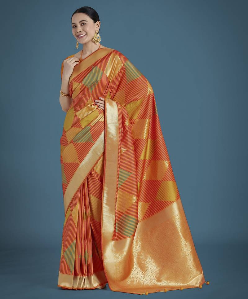 orange silk blend banarasi jacuard work saree with unstitched blouse piece