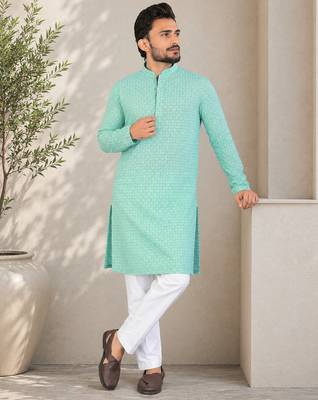 Turquoise color traditional chikankari embroidery cotton men's kurta payjama set 2