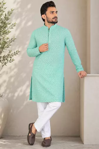 Turquoise color traditional chikankari embroidery cotton men's kurta payjama set