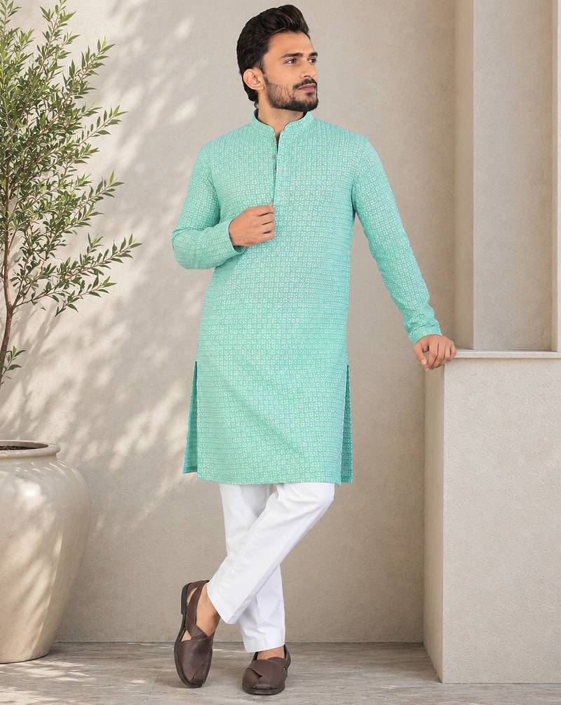 Turquoise color traditional chikankari embroidery cotton men's kurta payjama set