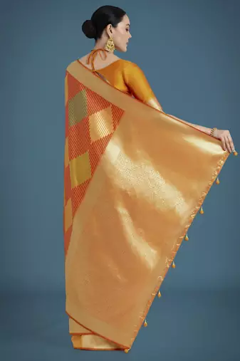 orange silk blend banarasi jacuard work saree with unstitched blouse piece
