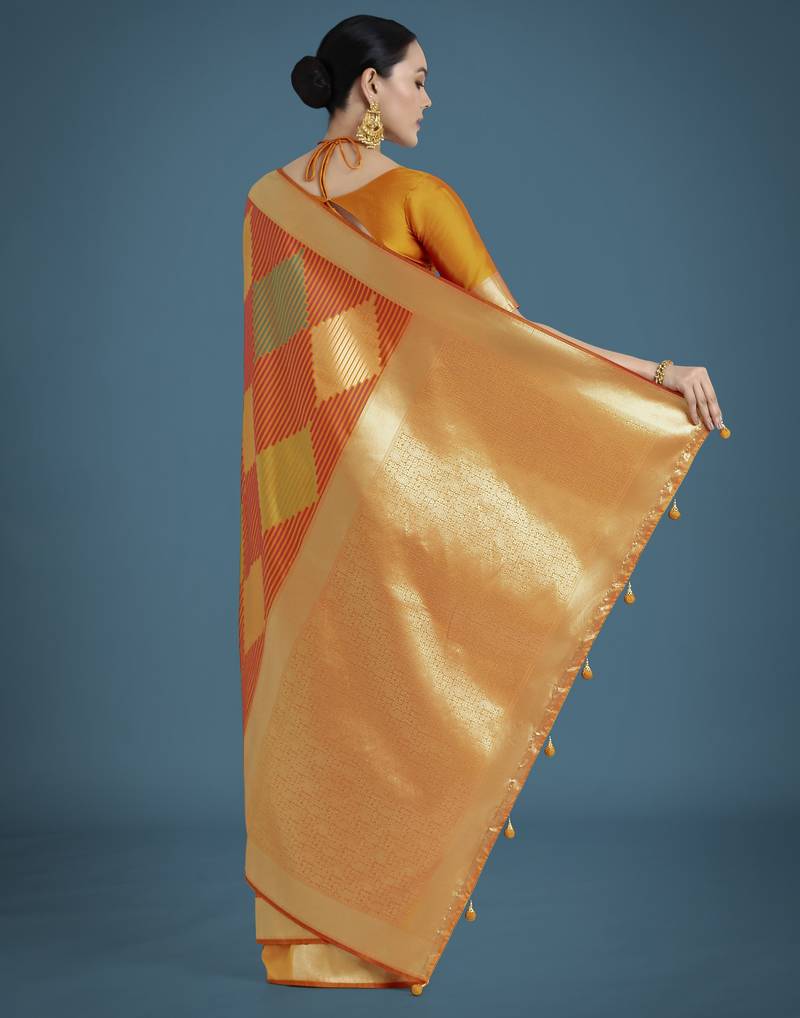 orange silk blend banarasi jacuard work saree with unstitched blouse piece