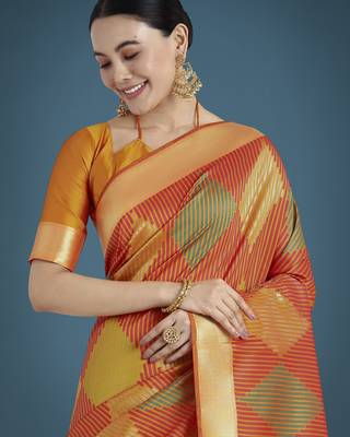 orange silk blend banarasi jacuard work saree with unstitched blouse piece 4