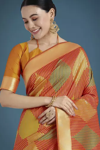 orange silk blend banarasi jacuard work saree with unstitched blouse piece