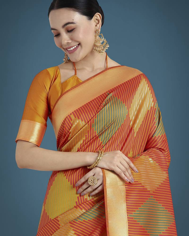 orange silk blend banarasi jacuard work saree with unstitched blouse piece