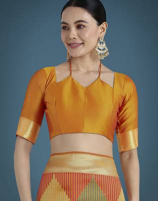orange silk blend banarasi jacuard work saree with unstitched blouse piece 5