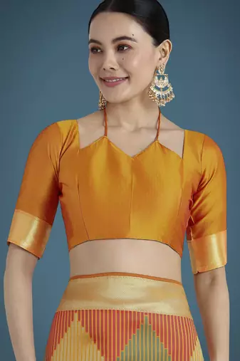 orange silk blend banarasi jacuard work saree with unstitched blouse piece