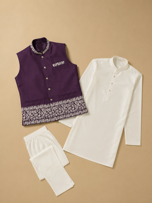 Off white-purple color embroidered daaman work shiny silk men's kurta payjama set 5