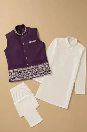 Off white-purple color embroidered daaman work shiny silk men's kurta payjama set