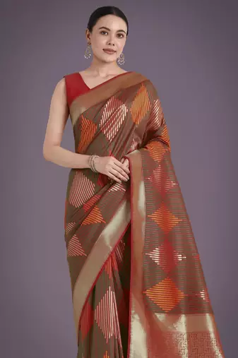 green silk blend banarasi jacuard work saree with unstitched blouse piece