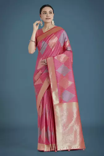 light pink silk blend banarasi jacuard work saree with unstitched blouse piece