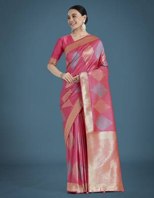 light pink silk blend banarasi jacuard work saree with unstitched blouse piece 2
