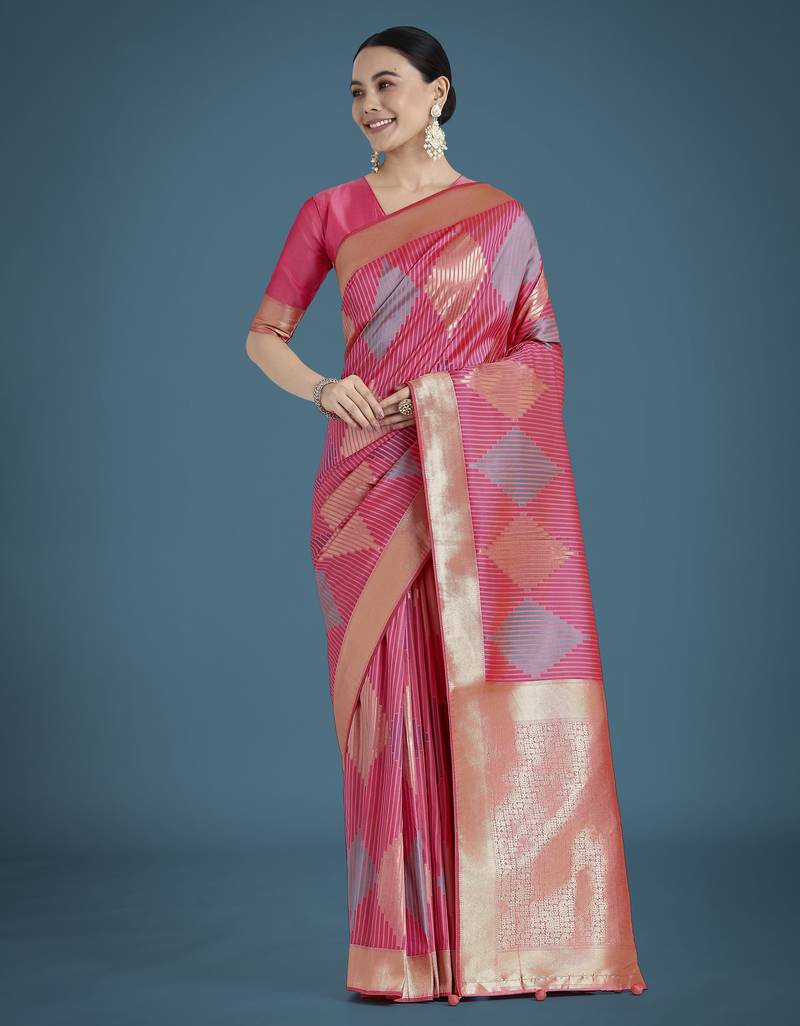 light pink silk blend banarasi jacuard work saree with unstitched blouse piece