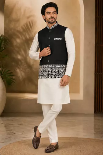 Off white-black color embroidered daaman work shiny silk men's kurta payjama set