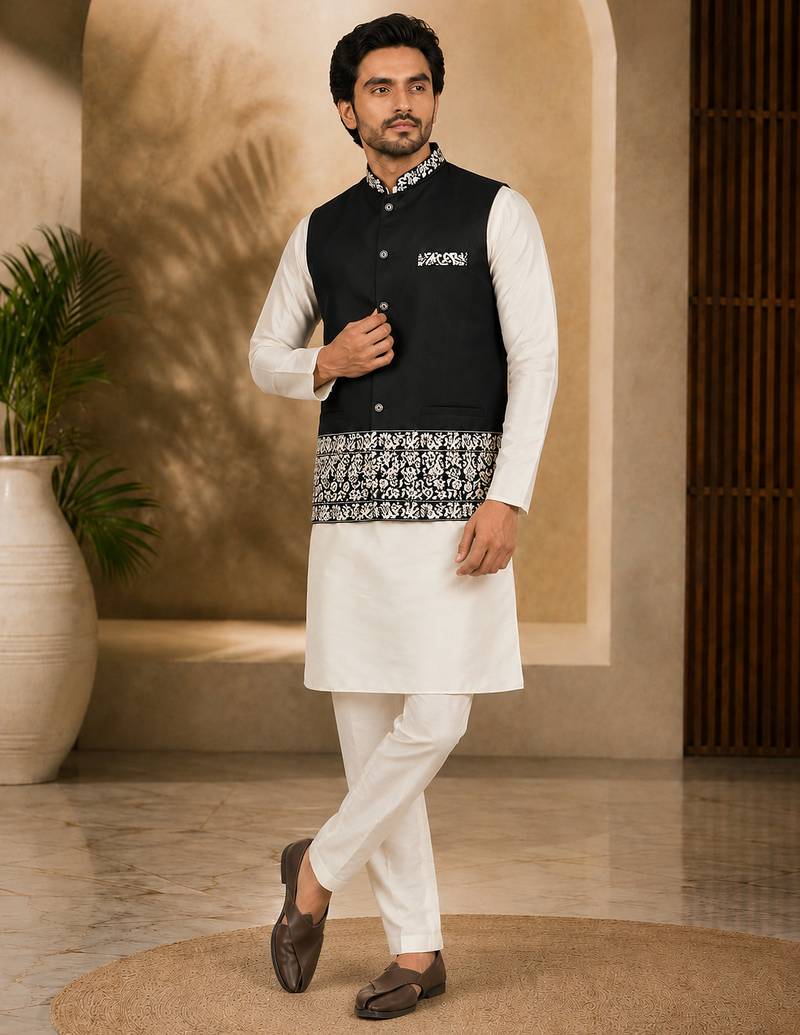 Off white-black color embroidered daaman work shiny silk men's kurta payjama set