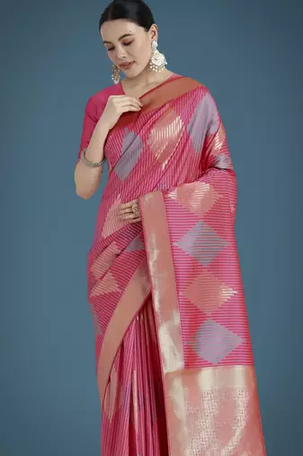 light pink silk blend banarasi jacuard work saree with unstitched blouse piece