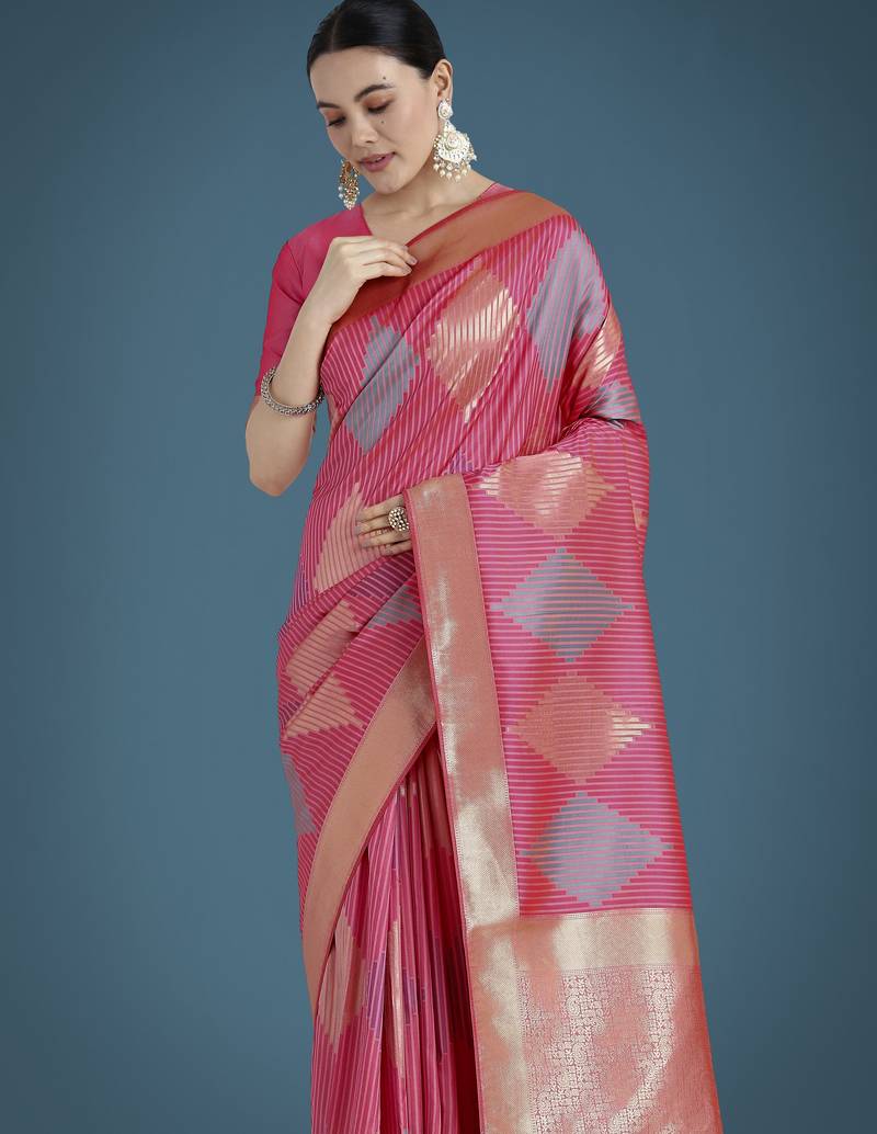 light pink silk blend banarasi jacuard work saree with unstitched blouse piece