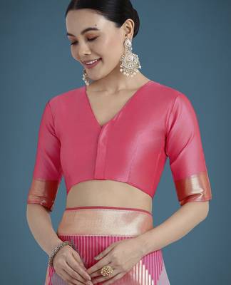 light pink silk blend banarasi jacuard work saree with unstitched blouse piece 5