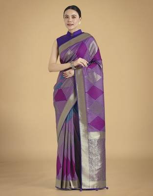 purple silk blend banarasi jacuard work saree with unstitched blouse piece 1