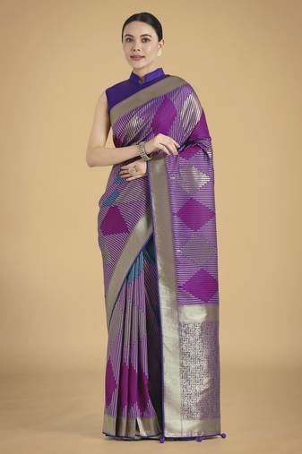purple silk blend banarasi jacuard work saree with unstitched blouse piece