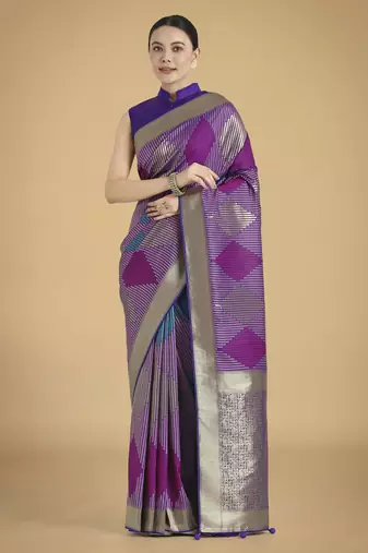 purple silk blend banarasi jacuard work saree with unstitched blouse piece