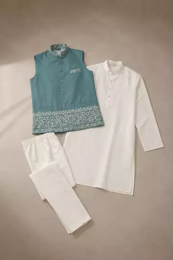 Off white-sky blue color embroidered daaman work shiny silk men's kurta payjama set
