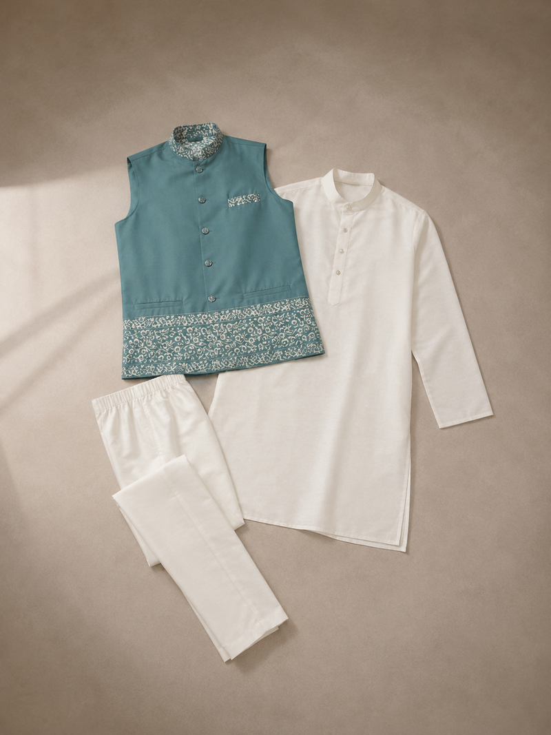 Off white-sky blue color embroidered daaman work shiny silk men's kurta payjama set