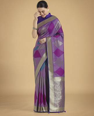 purple silk blend banarasi jacuard work saree with unstitched blouse piece 2