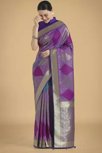 purple silk blend banarasi jacuard work saree with unstitched blouse piece