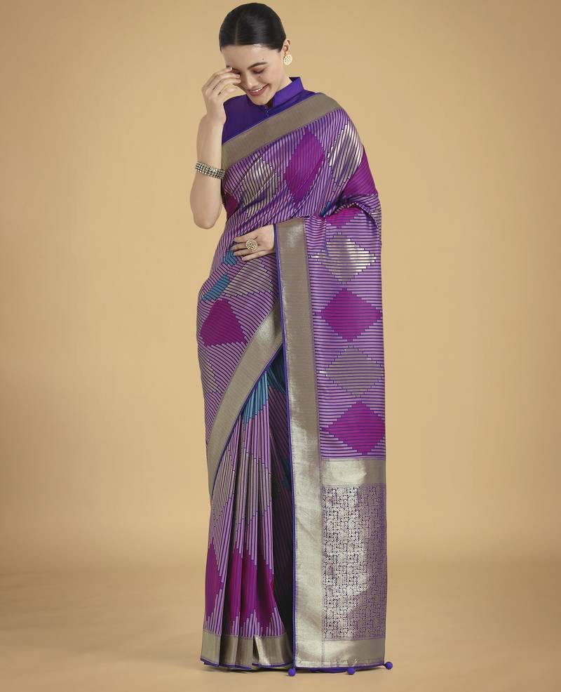 purple silk blend banarasi jacuard work saree with unstitched blouse piece