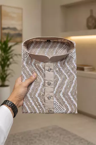 Color unique cross pattern white thread embroidery with silver sequence silk men's kurta payjama set