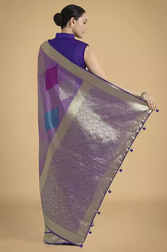 purple silk blend banarasi jacuard work saree with unstitched blouse piece