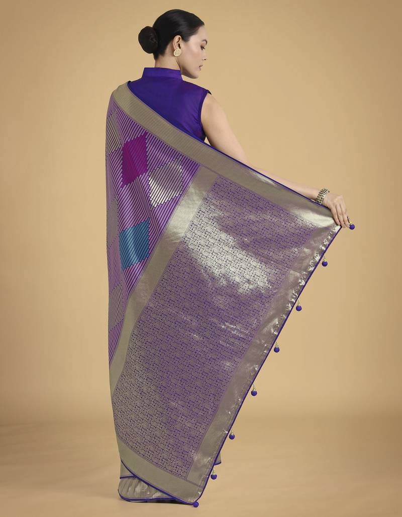 purple silk blend banarasi jacuard work saree with unstitched blouse piece