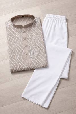 Color unique cross pattern white thread embroidery with silver sequence silk men's kurta payjama set 5