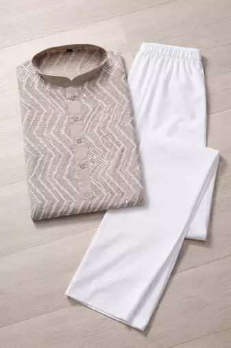 Color unique cross pattern white thread embroidery with silver sequence silk men's kurta payjama set