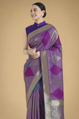 purple silk blend banarasi jacuard work saree with unstitched blouse piece