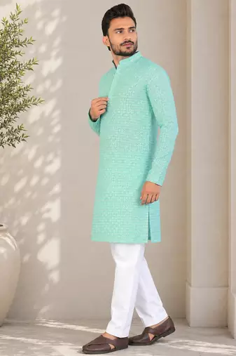 Turquoise color traditional chikankari embroidery cotton men's kurta payjama set