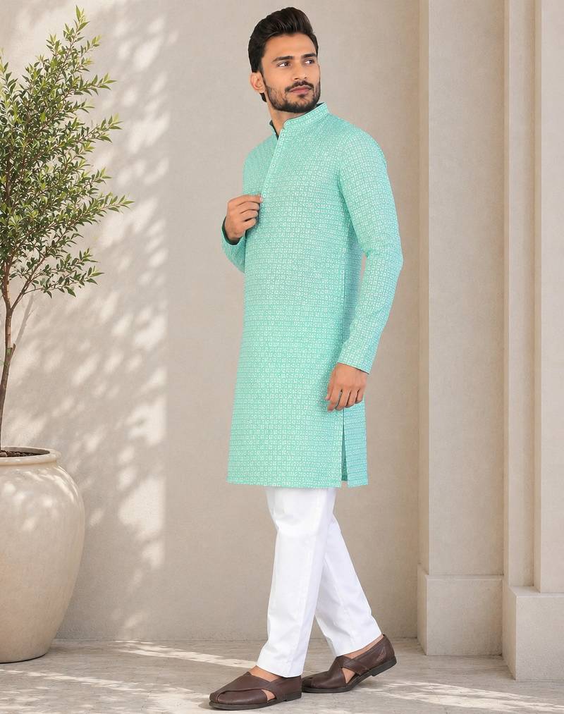 Turquoise color traditional chikankari embroidery cotton men's kurta payjama set