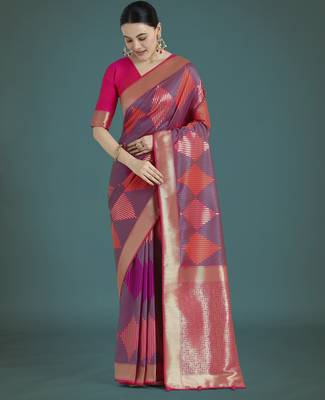 wine silk blend banarasi jacuard work saree with unstitched blouse piece 1