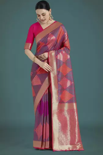 wine silk blend banarasi jacuard work saree with unstitched blouse piece