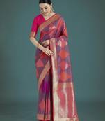 wine silk blend banarasi jacuard work saree with unstitched blouse piece