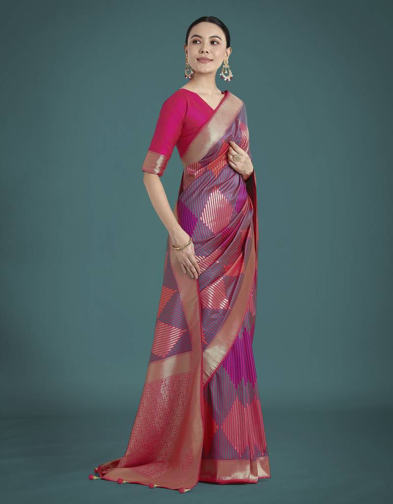 wine silk blend banarasi jacuard work saree with unstitched blouse piece
