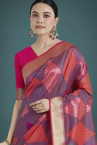 wine silk blend banarasi jacuard work saree with unstitched blouse piece