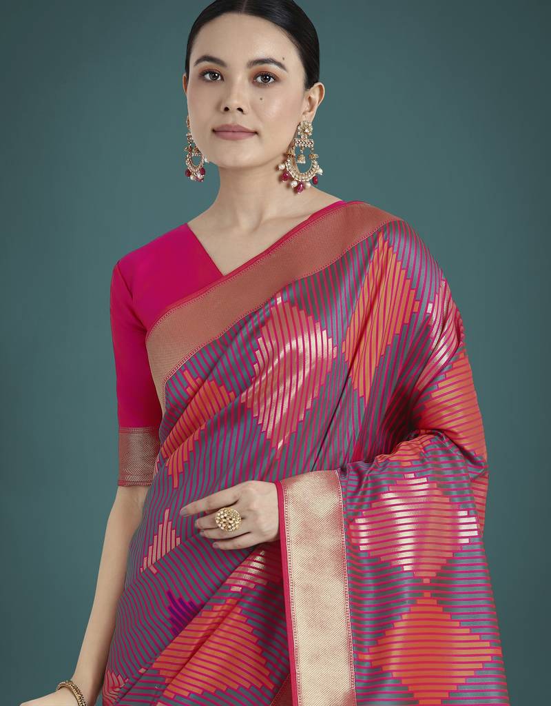 wine silk blend banarasi jacuard work saree with unstitched blouse piece