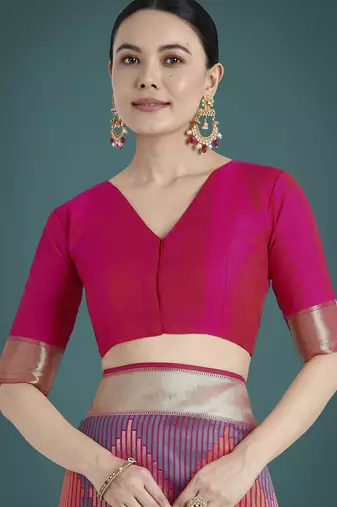 wine silk blend banarasi jacuard work saree with unstitched blouse piece
